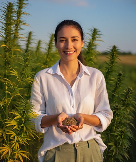 Smiling woman in white shirt holding hemp seeds in sunny hemp field, representing the nourishing Hemp Seed Oil in Oryskincare's moisturizing and anti-inflammatory skincare products for balanced, healthy skin.