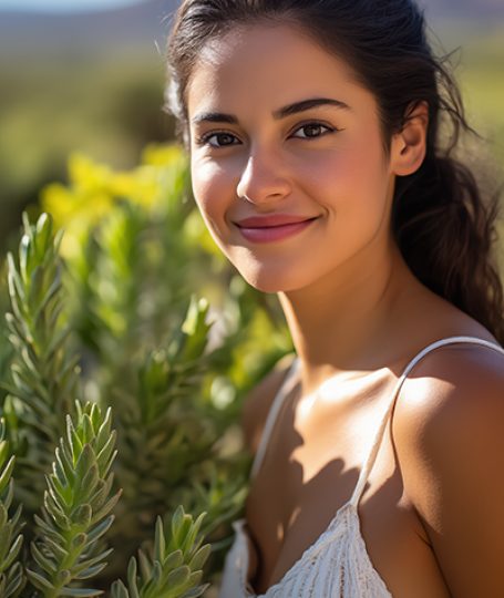 Smiling woman in white top surrounded by desert jojoba plants under sunny sky, symbolizing the balancing and hydrating Jojoba Oil in Oryskincare's natural skincare products for clear, moisturized, and youthful skin.