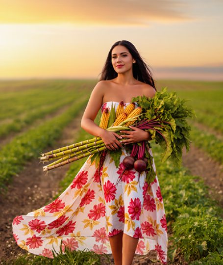 Woman in floral dress walking through sunny field holding fresh sugarcane, corn, and beets, symbolizing natural plant-derived Lactic Acid in Oryskincare's gentle exfoliating products for smoother, brighter skin.