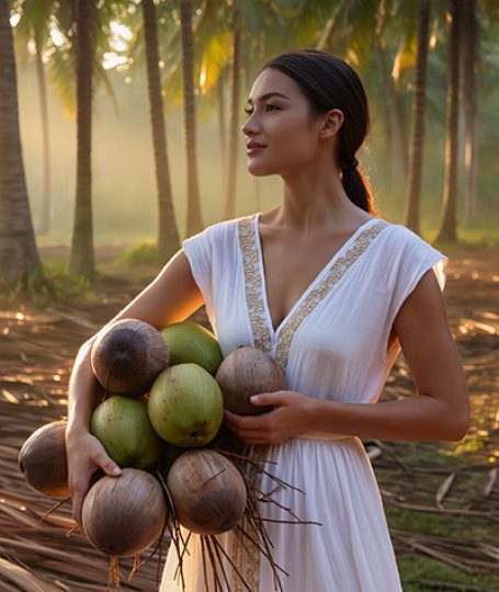 Elegant woman in white dress holding bunch of fresh coconuts in misty tropical palm grove at sunset, representing natural coconut-derived Lauryl Glucoside surfactant in Oryskincare's mild cleansing products for gentle, foam-rich skincare.