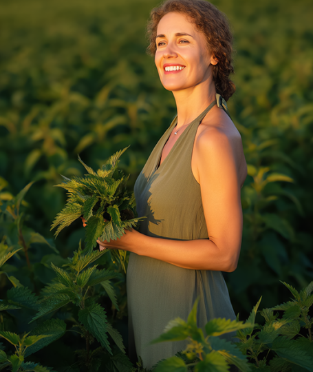 Woman holding fresh nettle leaves in a sunlit green field, representing nettle leaf as a botanical skincare ingredient known for purifying and strengthening the skin.