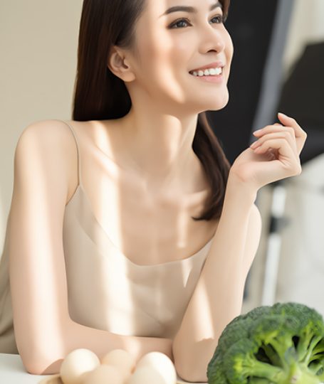 Smiling Asian woman in light top with plate of eggs and fresh broccoli, natural sources of Panthenol (Vitamin B5), highlighting its hydrating role in Oryskincare's soothing skincare products for moisturized, repaired, and healthy skin.