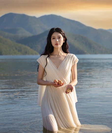 Serene woman in flowing white dress kneeling in tranquil lake holding eggs, symbolizing protein-rich sources of Peptides in Oryskincare's anti-aging skincare products for firmer, repaired, and youthful skin.