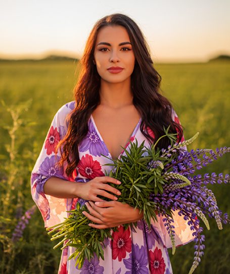 Woman holding fresh herbs in a field, symbolizing retinol as an ORY Skincare ingredient known for supporting skin renewal and smoother-looking complexion.