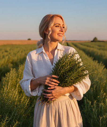 Woman standing in a rosemary field holding fresh rosemary sprigs, representing ORY Skincare’s use of rosemary extract as a botanical antioxidant ingredient known for purifying, stimulating, and protecting the skin.