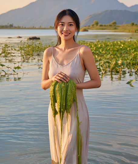 Woman standing in a freshwater lake holding fresh spirulina algae, representing ORY Skincare’s use of spirulina as a nutrient-rich botanical ingredient known for detoxifying, antioxidant, and skin-revitalizing benefits.