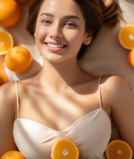 Woman with radiant, glowing skin surrounded by fresh oranges, representing Vitamin C (Ascorbic Acid) used in ORY Skincare to brighten, protect, and revitalize the complexion.