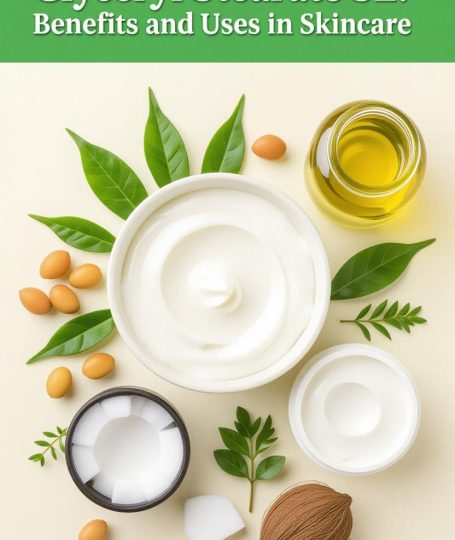 Cream and botanical ingredients arranged to represent glycerol monostearate SE, a self-emulsifying ORY Skincare ingredient used to stabilize and soften skincare formulations.